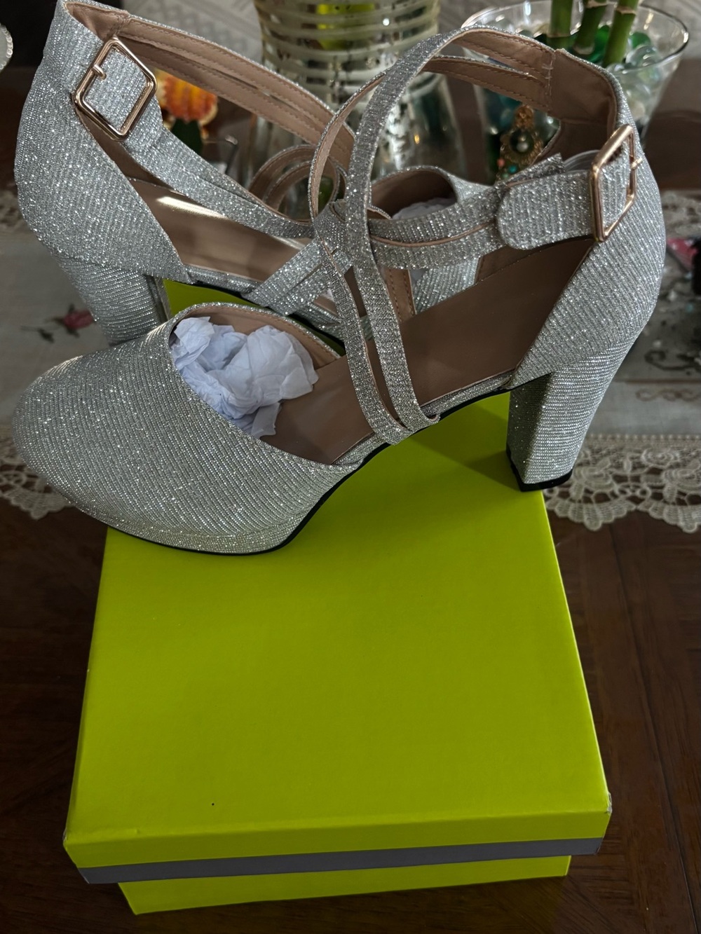 Silver Sparkle Strappy Block Heel Pumps - Women's Size 9 - Picture 7 of 8